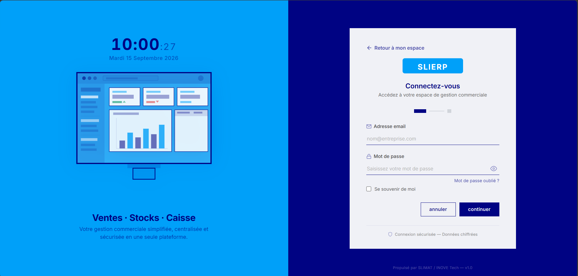 Écran de connexion à l'application SLIGestion ERP