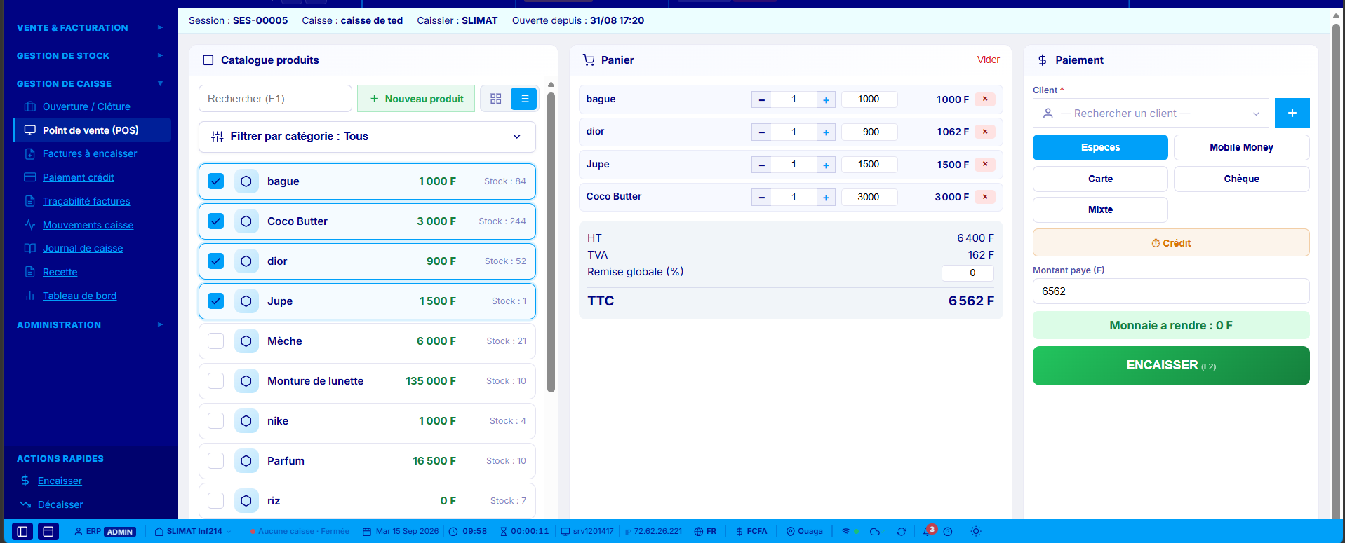 Point de vente SLIGestion : catalogue, panier et encaissement